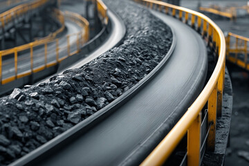 Conveyor Belt Transporting Coal: Industrial Abstract with Yellow Railing.