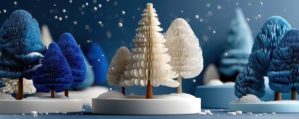 Stylized Winter Trees on Podiums in a Snowy Festive Background