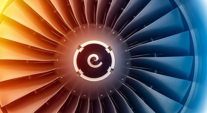 Close-up of powerful jet engine turbine blades with warm and cool gradient lighting. - Powered by Adobe