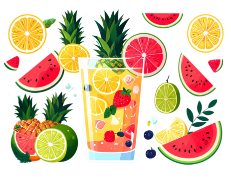 Summer Fruit Lemonade Set with Watermelon and Pineapple Slices, Flat Vector Style, Isolated