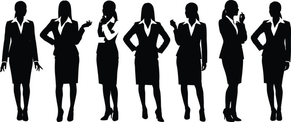 Silhouette of businesswomen in various professional poses, wearing formal suits, leadership concept, career success, isolated on white background.