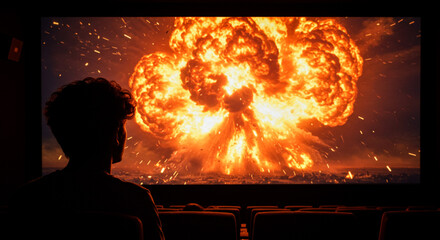 Audience captivated by stunning explosion on cinema screen, dramatic movie scene