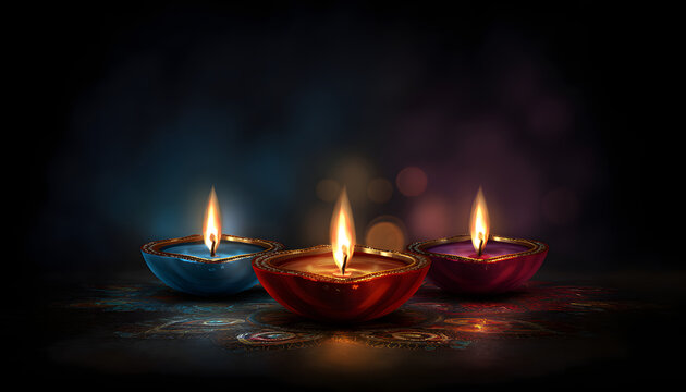 illustation of Diwali festival of lights tradition Dya oil lamps against dark ackground