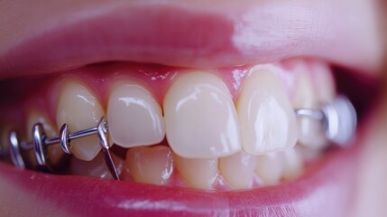 Close-up of teeth with metal braces, dental tools visible. Illustrates orthodontic treatment progress and dental hygiene.