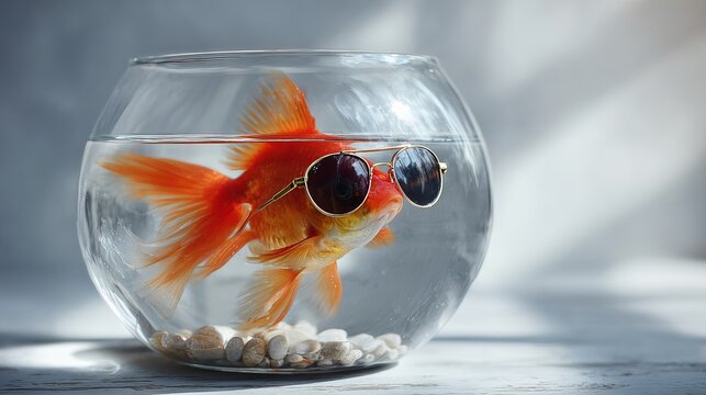 A playful goldfish wearing sunglasses swims in a clear bowl, surrounded by smooth pebbles and illuminated by soft light.
