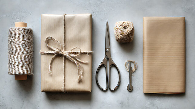 Brown paper package with twine scissors and wrapping paper flat lay