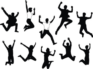 Silhouette people jumping with joy, happy group energy, success celebration, active lifestyle, teamwork freedom, friends excitement, fitness illustration, vector design inspiration