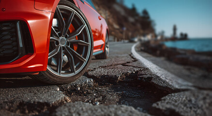 closeup of a red luxury car wheel parked on broken asphalt road with pothole cracks near the sea under daylight showing detail of rim tire and damaged surface as a transport and business concept