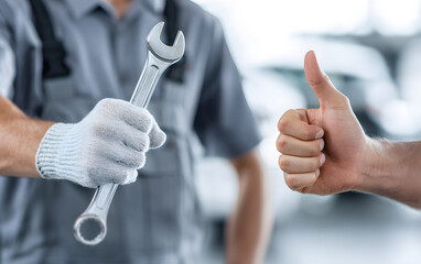 car mechanic wearing white gloves holding a wrench and showing thumbs up while customer responds with same gesture, close-up of hands in blurred car service center background