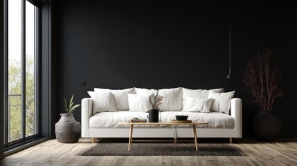 Interior view of a modern living room featuring a white sofa, wooden coffee table, and decor