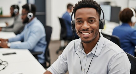 Fototapeta premium Smiling man with headphones working at a computer in a modern office