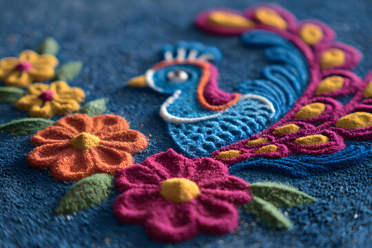 Close up of a traditional rangoli design made with clored sand, featuring a pecock and colorful flowers n a blue background