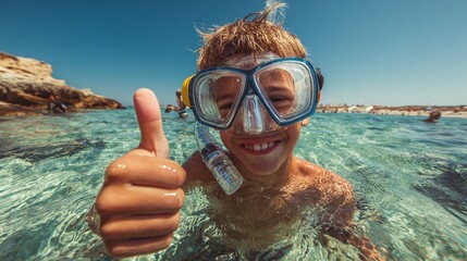 Fototapeta premium Underwater Adventures: Boy enjoying water with mask and snorkel, giving thumbs up. Summer joy in refreshing clear waters.