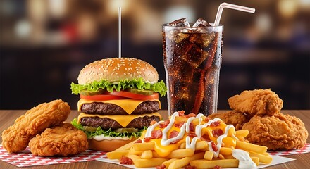 Delicious double cheeseburger with crispy fried chicken and loaded cheese fries with cola drink