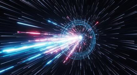 Radiant Blue and Magenta Light Beams Bursting Through a Digital Wormhole.