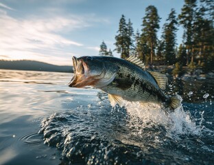 Obraz premium A large bass leaps from a lake