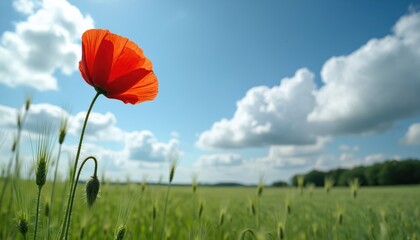 Vibrant red poppy bloom in green wheat field under cloudy blue sky. Rural landscape shows summer countryside agriculture. Budding poppy stem visible. Peaceful nature scene.
