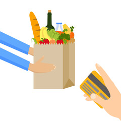 Food delivery, door to door. Online shopping with credit card vector illustration design isolated
