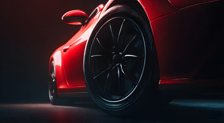 closeup of a red sports car wheel with low profile black tire and chrome rim detail photographed from a low angle under cinematic studio lighting against dark background showing luxury auto design