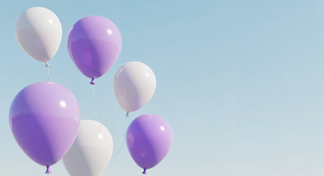 Purple and white balloons ombre floating against blue sky   - Powered by Adobe