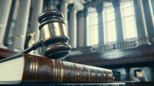 Symbol of justice. Gavel and book on the background of the court. Judicial system