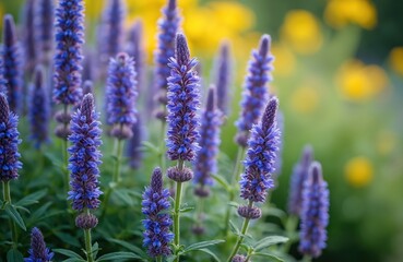 Obraz premium Close-up of Agastache rugosa, Korean mint, also known as wrinkled giant hyssop, with purple-blue flower spikes in garden. Aromatic herb from mint family features nature floral background with blurred