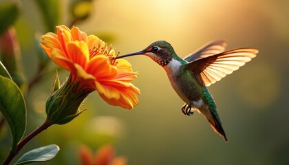 Fototapeta premium Tiny hummingbird hovers near vibrant orange flower, collecting nectar in golden hour sunlight. Green iridescent feathers shimmer, wings beat fast creating blur. Nature detail captures delicate