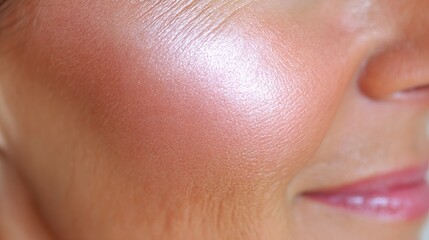 Fototapeta premium Close-up of a smiling woman showcasing radiant skin with a soft blush effect, highlighting natural beauty and healthy complexion in a warm, inviting atmosphere