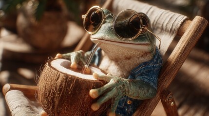 A cool green frog enjoys a refreshing drink from a coconut, wearing stylish sunglasses.