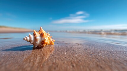 A stunning seashell rests peacefully on a tranquil beach shoreline, reflecting sunlight while the gentle waves lap at the sand, an embodiment of natural beauty and serenity.
