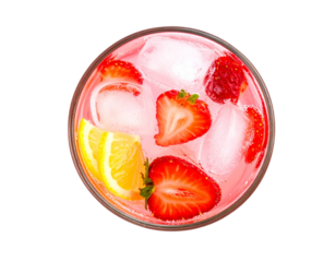 Pink Strawberry Lemonade in Tall Glass with Ice Cubes, Top View, Isolated
