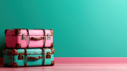 Two vintage suitcases in bright pink and blue hues rest against a vibrant teal wall, showcasing a playful and nostalgic vibe suitable for travel memories and adventures.