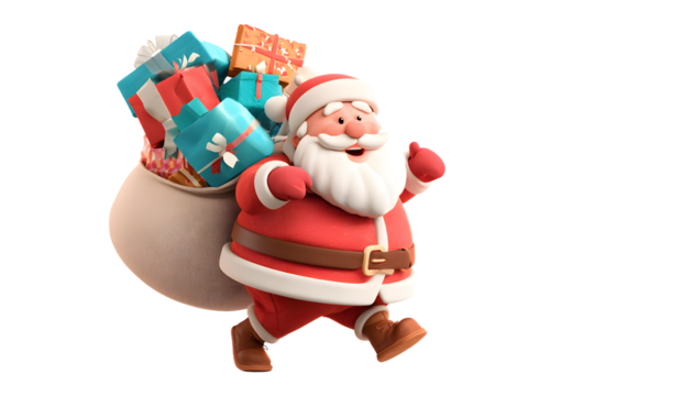 Santa Claus joyfully delivring a bag full of gifts o white background. Cartoon3D illustration. Christmasand New Year holiday spiri. Design for greeting card banner, print