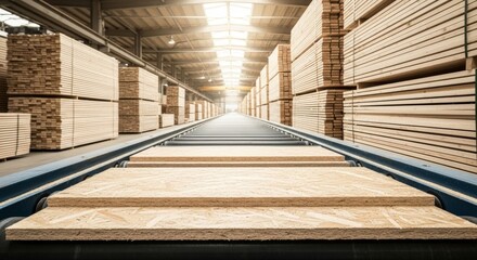 Expansive warehouse filled with stacked lumber and wood materials on a conveyor belt