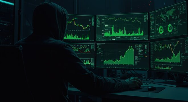 Hacker breaches data security with financial cybercrime using multiple screens in server room glow of green neon - Powered by Adobe