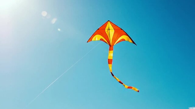 Colorful kite flying in a blue sunny sky, slow motion