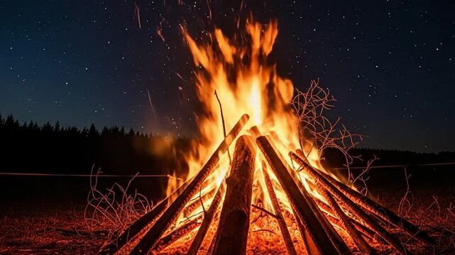 Camp fire starry sky background, a peaceful environment with burning logs