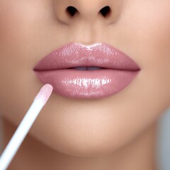 Naklejka premium Close-up of a woman applying glossy pink lip gloss with a wand, showcasing smooth lips and a radiant complexion, emphasizing beauty and cosmetic application techniques