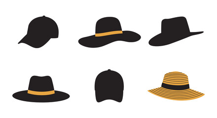 Collection of various black and yellow hats on white background