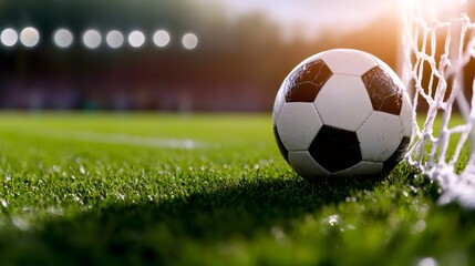 Fototapeta premium Soccer ball entering goal on lush green field during sunset