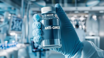 Gloved hand presenting an anti cancer drug vial in a modern laboratory setting