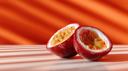 Ripe passion fruits cut in half revealing their juicy interior, set against a bold orange background, highlighting their unique texture and colors.