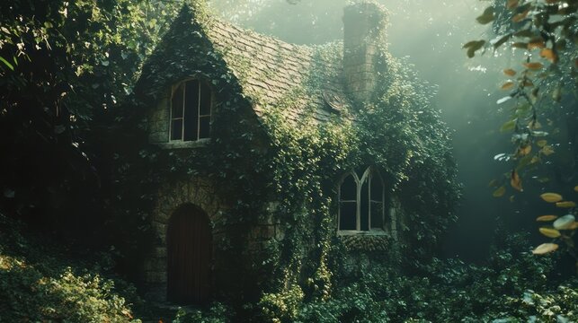Quaint Stone Cottage Covered in Green Ivy in Forest with Soft Lighting