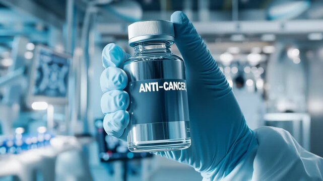 Gloved hand presenting an anti cancer drug vial in a modern laboratory setting