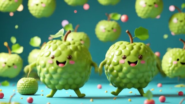 Animated Green Apples with Faces Dancing and Smiling in a Cheerful Video Scene