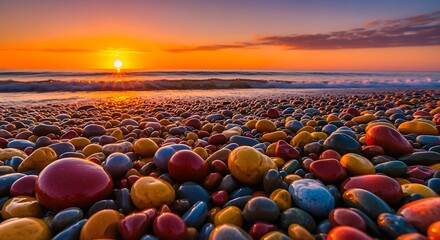 Obraz premium Vibrant colorful pebbles on a beach at sunset with ocean waves and warm sky