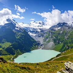 Fototapeta premium A tranquil alpine lake nestled amongst snow-capped peaks and verdant mountain slopes.