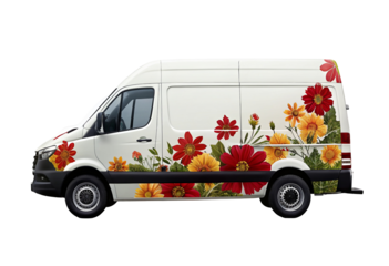 Decorative van wrap with vibrant floral design for eye-catching business promotion and marketing