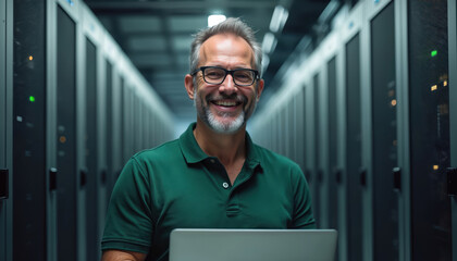 pro smiles in green shirt managing servers with laptop in data center. Smiling man works with technology, networking, information technology hardware. Represents productivity, business, efficient