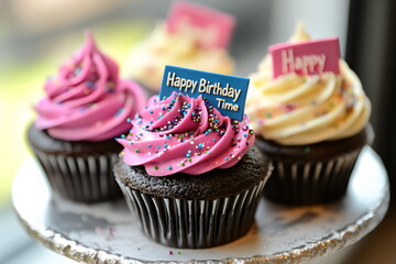 Colorful cupcakes decorated for a birthday celebration at a sunny cafe